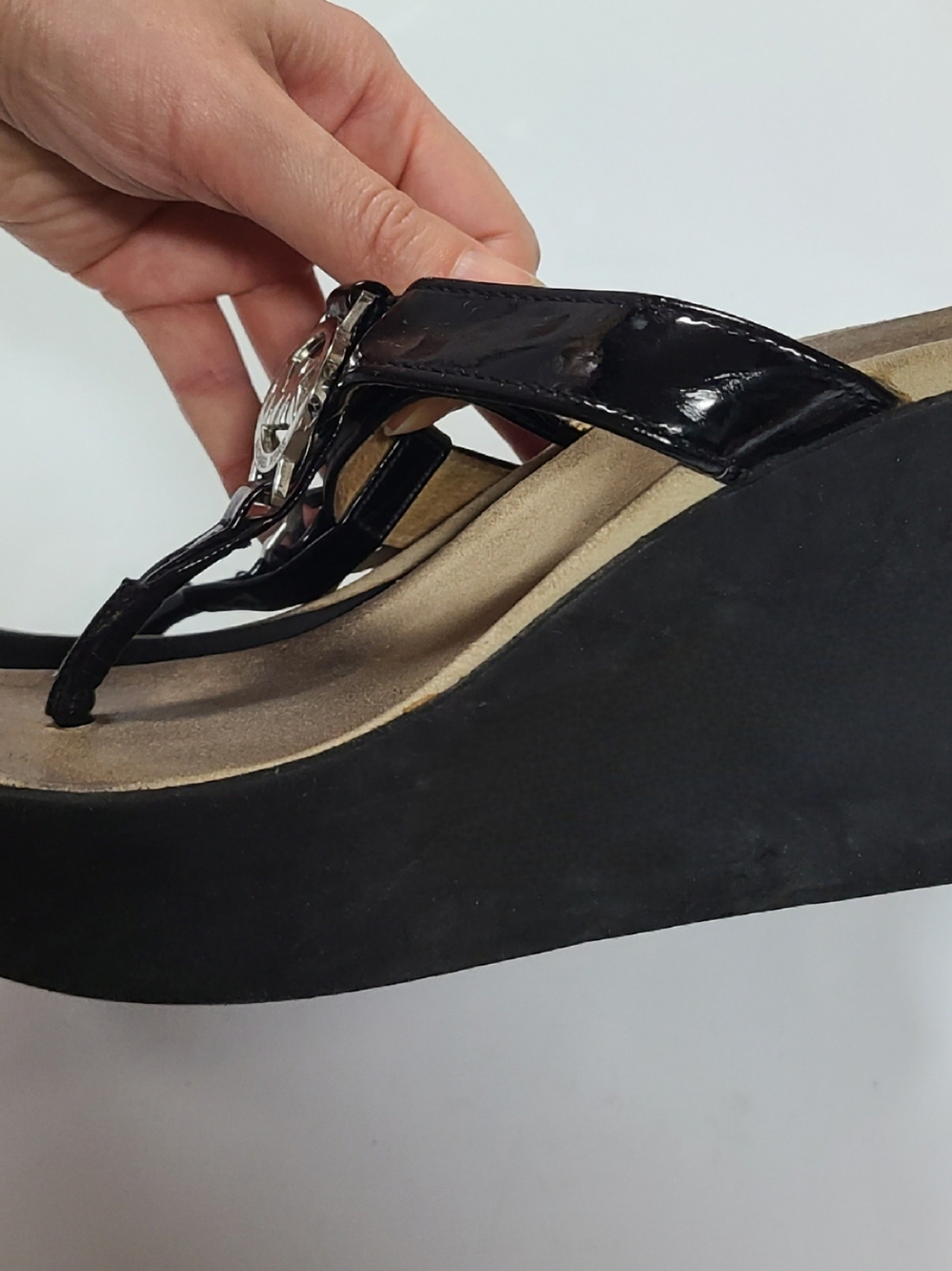 Michael Kors MK Designer Patent Black Wedge Thong Platform Sandals 6